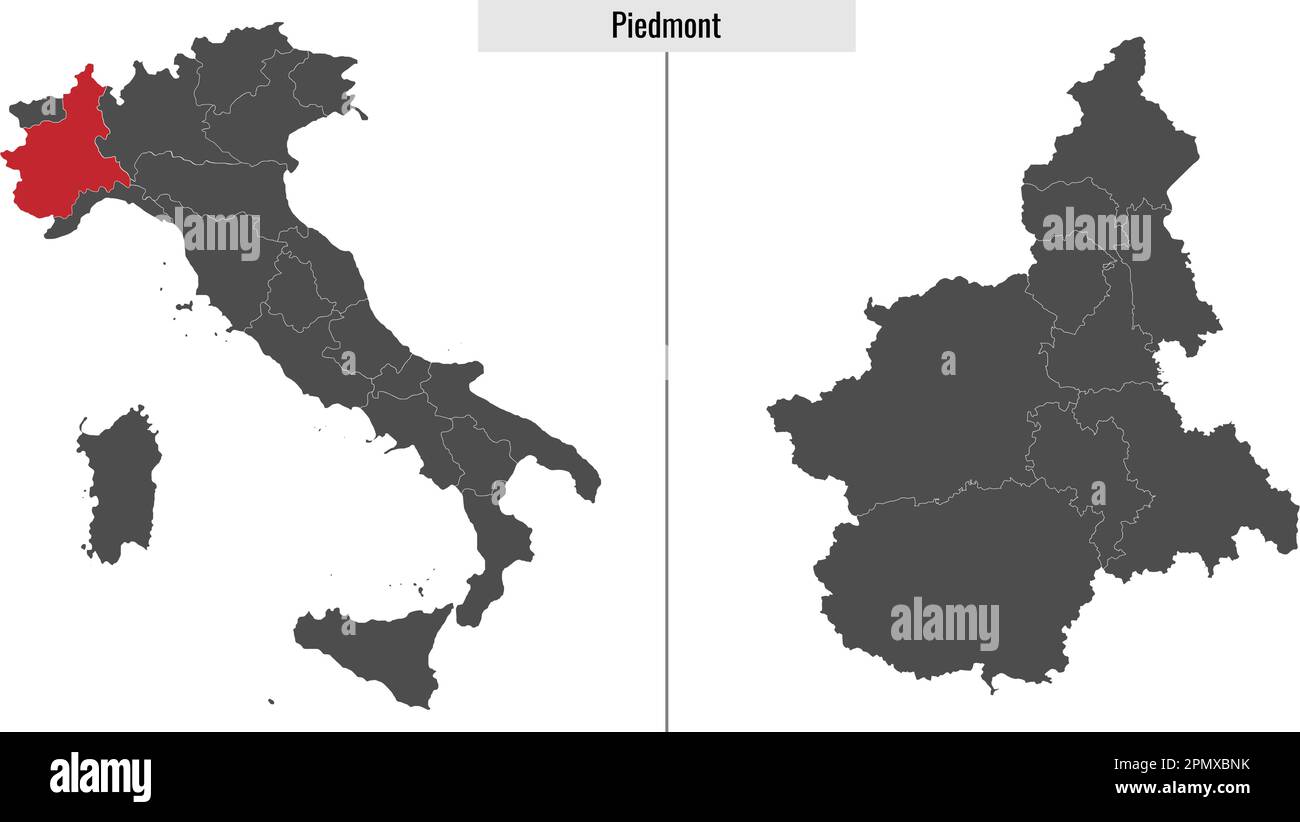 map of Piedmont province of Italy and location on Italian map Stock Vector