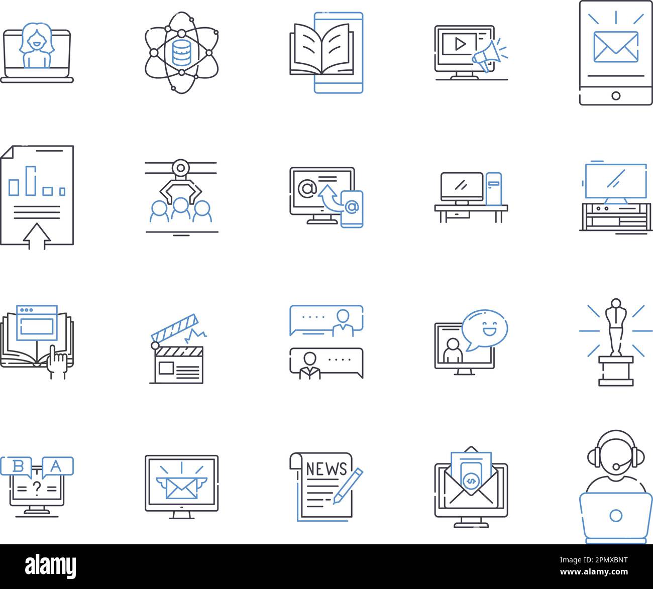 Media technologies outline icons collection. Multimedia, Broadcasting, Streaming, Video, Audio, Graphics, Webcast vector and illustration concept set Stock Vector
