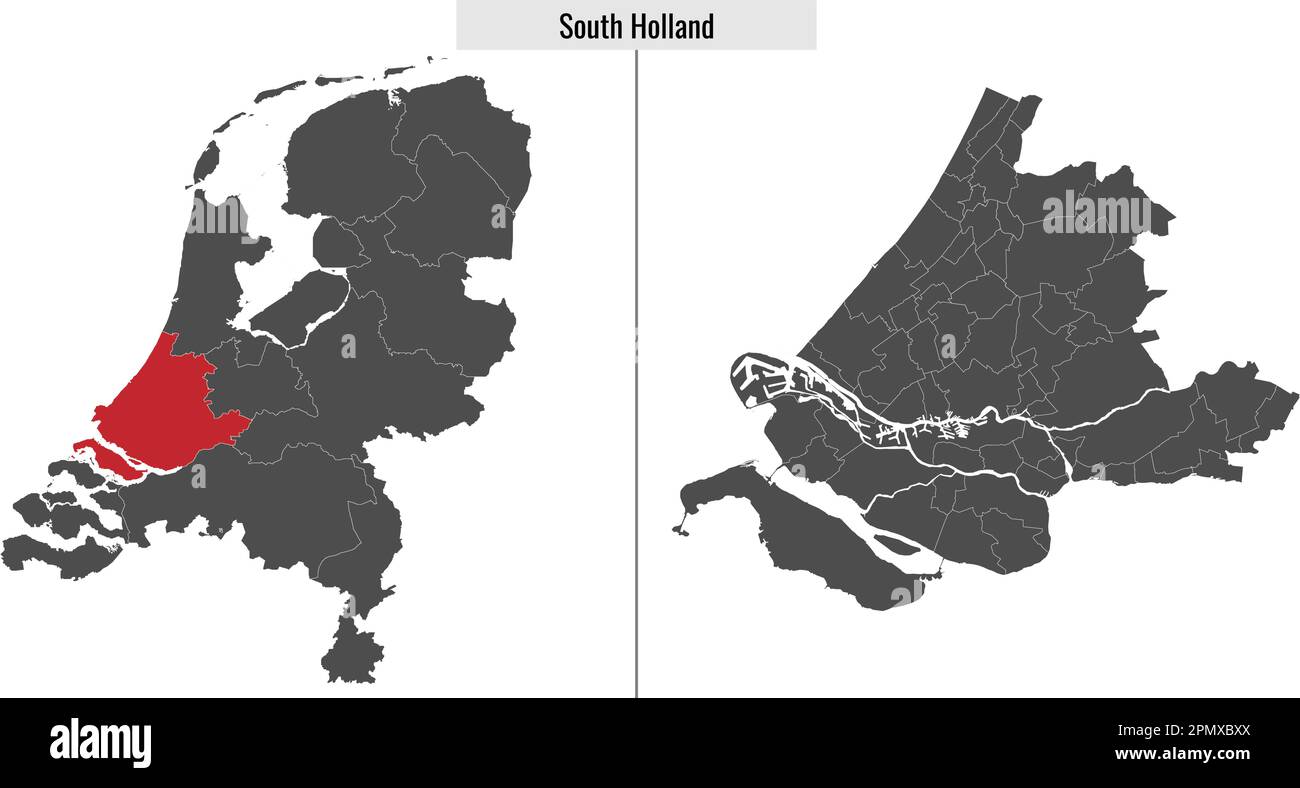 map of South Holland region of Netherlands and location on Dutch map