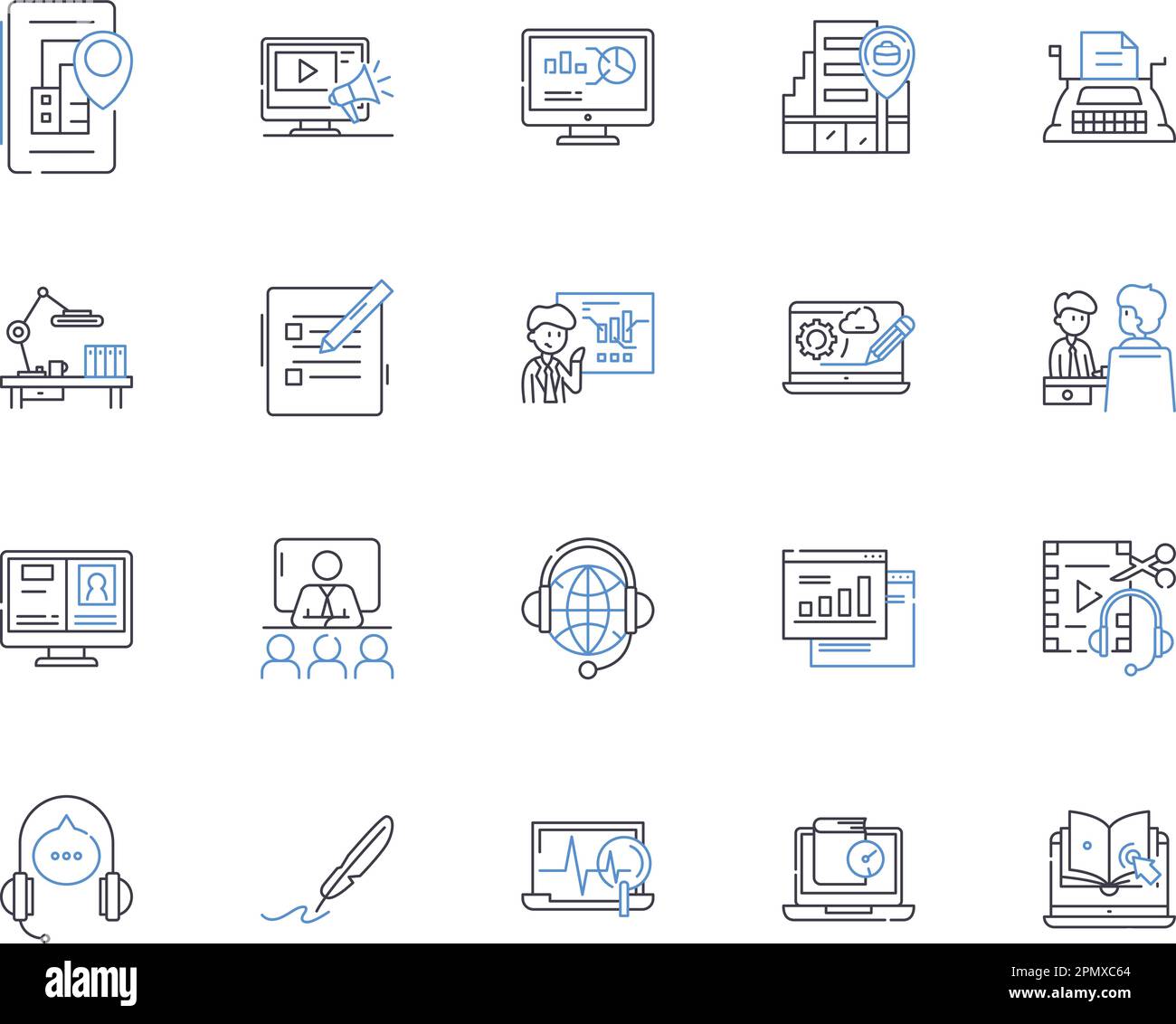 Remote business outline icons collection. Remote, Business, Work, Collaboration, Telecommuting, Communication, Digital vector and illustration concept Stock Vector