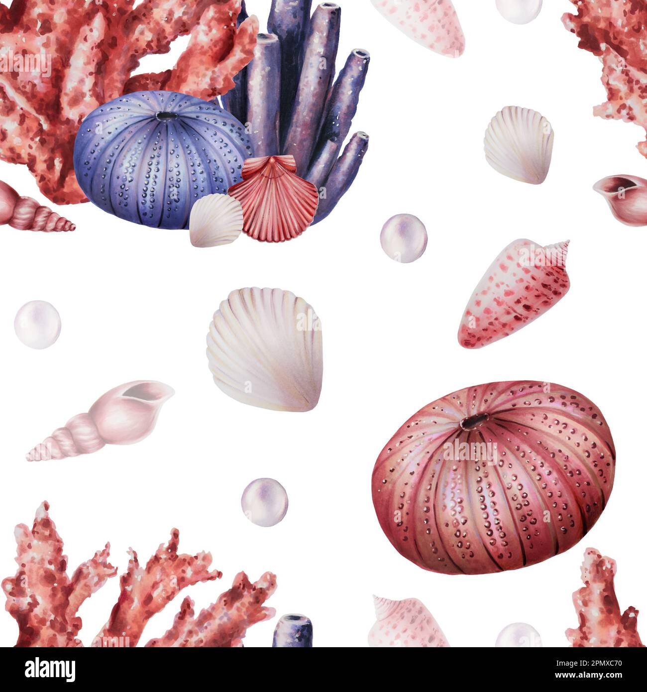 Watercolor seamless pattern with corals, urchin, shells and pearls ...