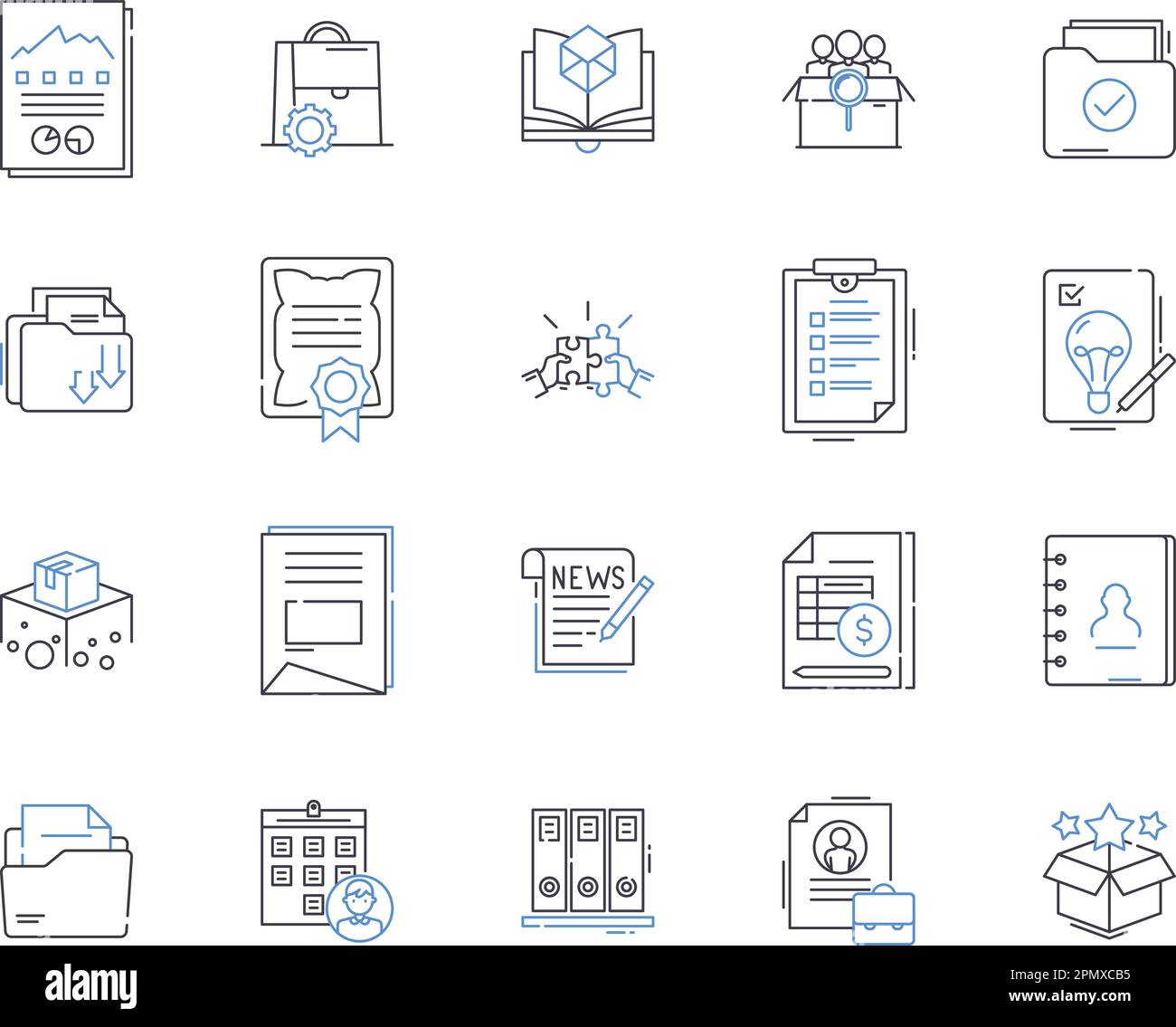 Document processing outline icons collection. Documentation, Processing, Editing, Scanning, Creating, Sharing, Formatting vector and illustration Stock Vector