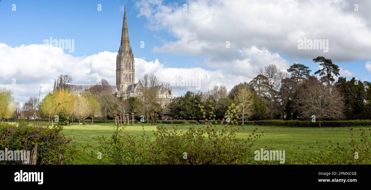 Panoramic view of Salisbury Cathedral seen from West Walk, Salisbury, Wiltshire, UK on 15 April 2023 Stock Photo