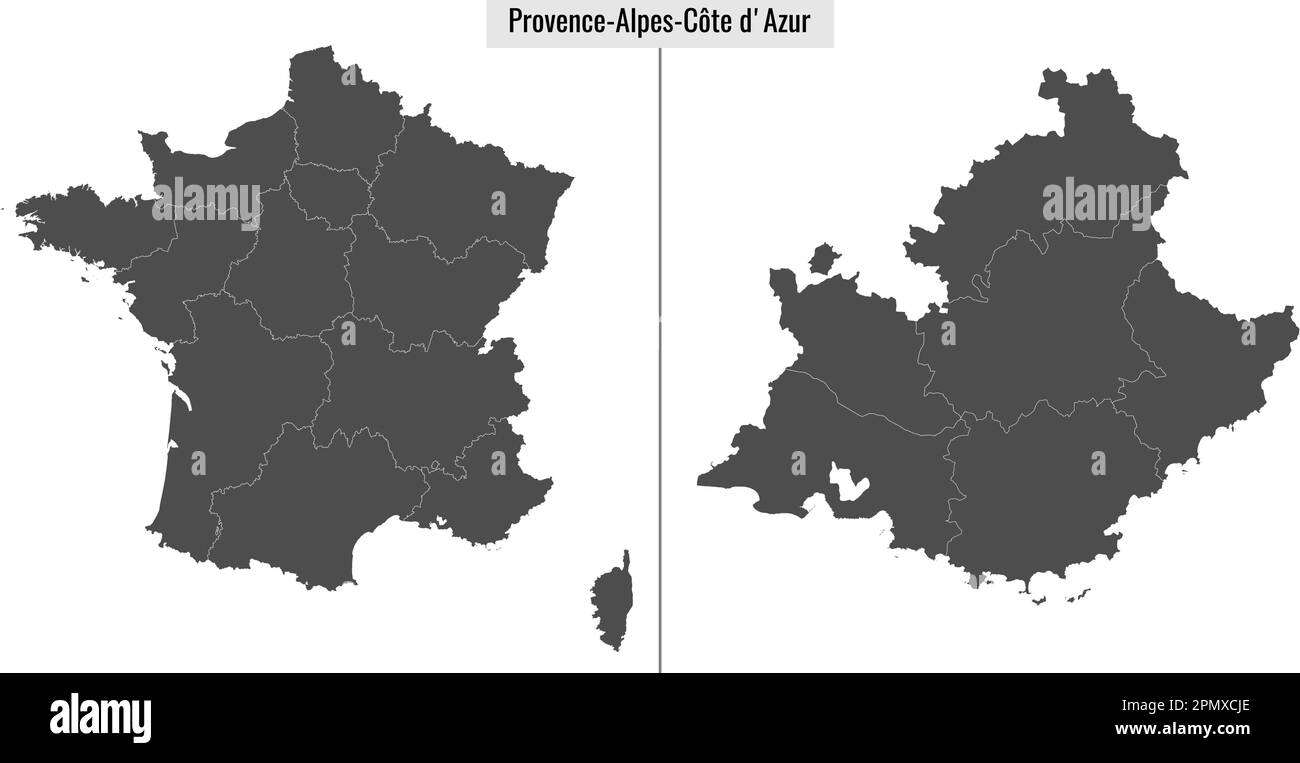 map of Provence-Alpes-Cote d'Azur region of France and location on French map Stock Vector