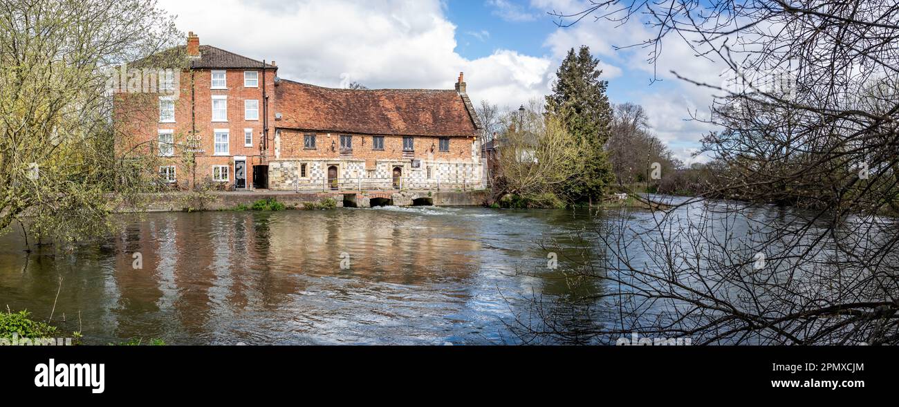 Panoramic view of The Old Mill at Harnham on the River Avon near Salisbury, Wiltshire, UK on 15 April 2023 Stock Photo