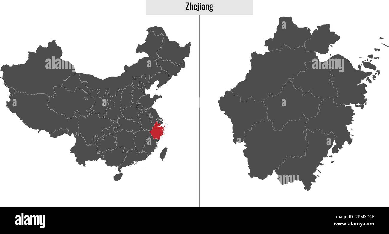 map of Zhejiang province of China and location on Chinese map Stock