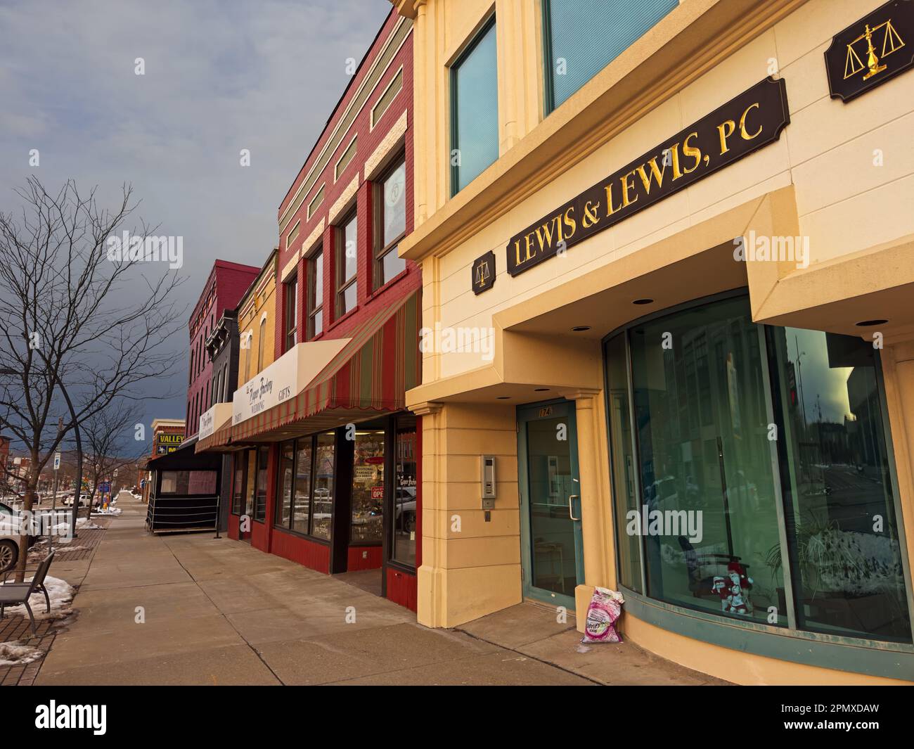 A revitalized block of refurbished storefronts on North Union St in