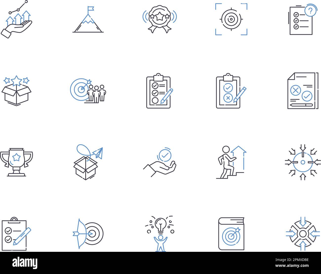 Goals outline icons collection. Aims, Objectives, Targets, Ambitions, Aspirations, Hopes, Intents vector and illustration concept set. Outcomes Stock Vector