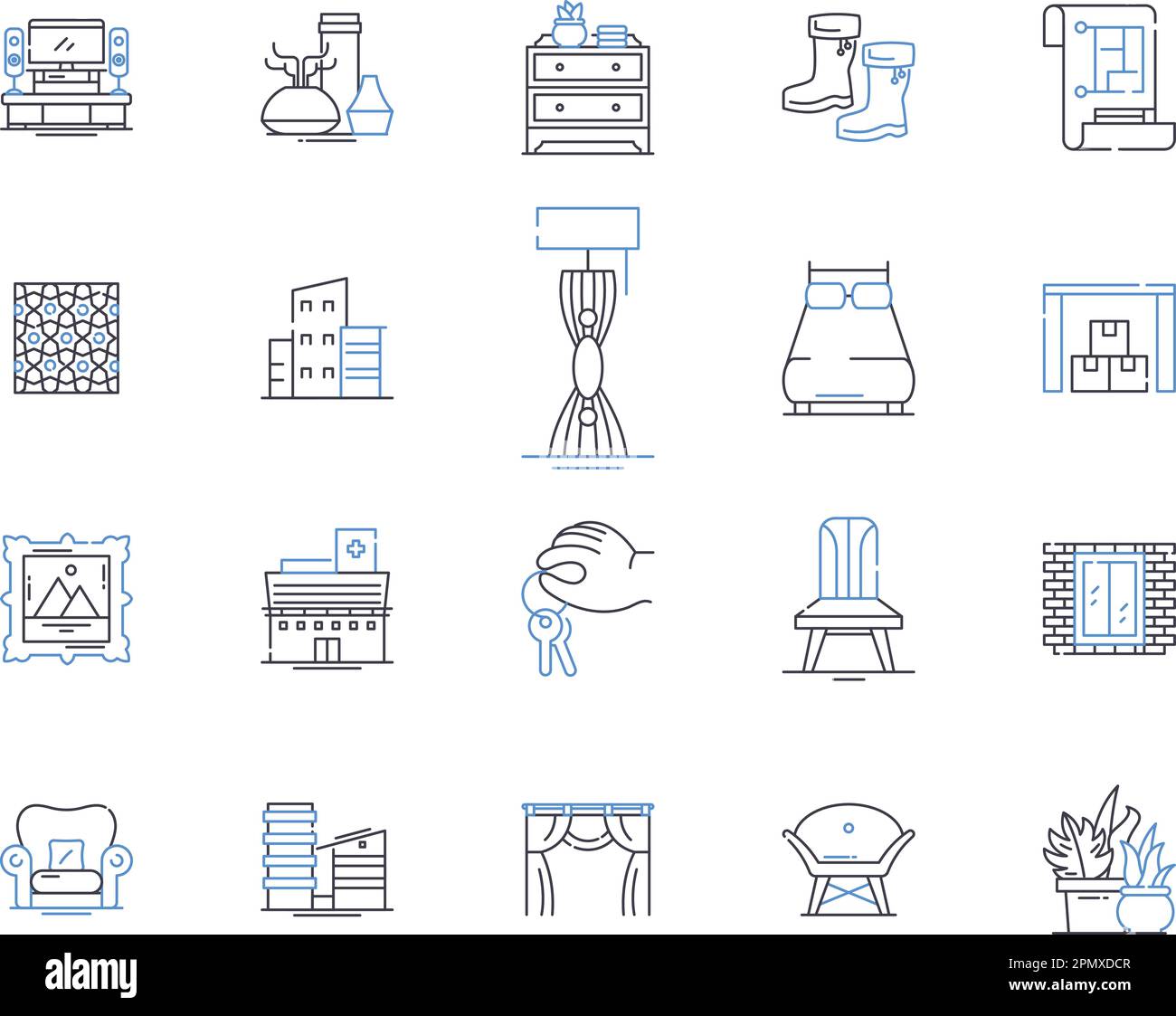 Furniture and interior outline icons collection. Furniture, Interior, Decor, Sofa, Table, Chair, Design vector and illustration concept set. Couch Stock Vector