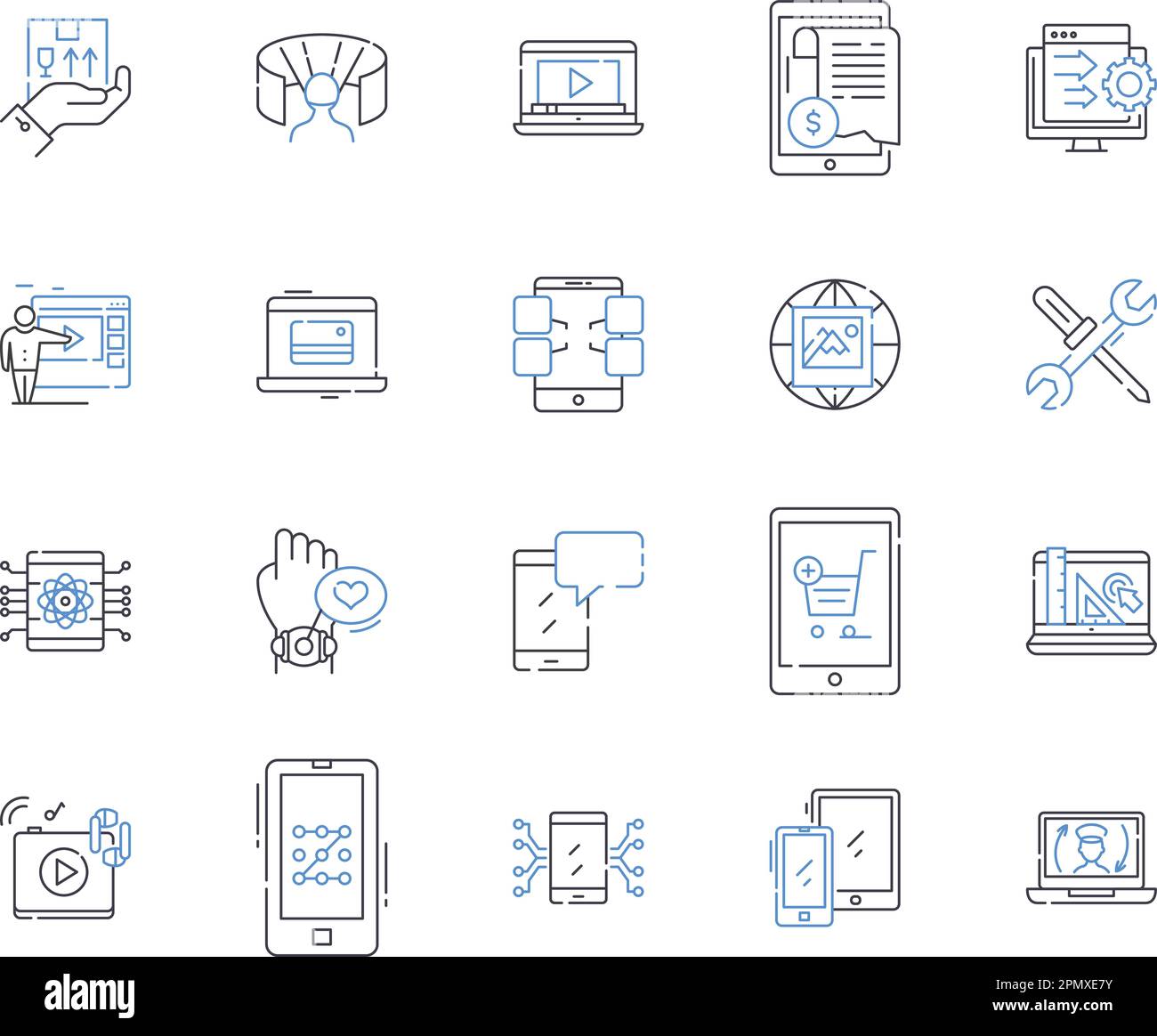 Gadjets and software outline icons collection. Gadgets, Software, Electronics, Technology, Computers, Phones, Tablets vector and illustration concept Stock Vector