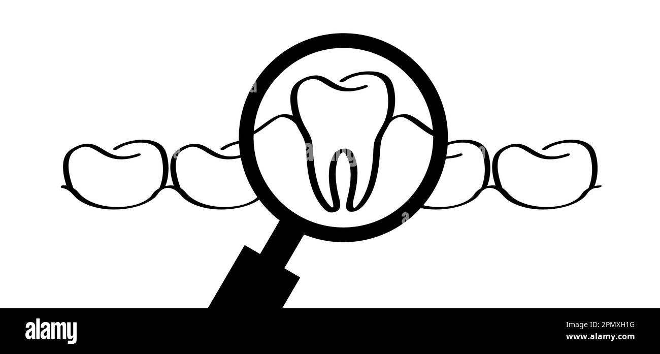 For dental day, dentists day. Cartoon healthy, magnifying glass showing