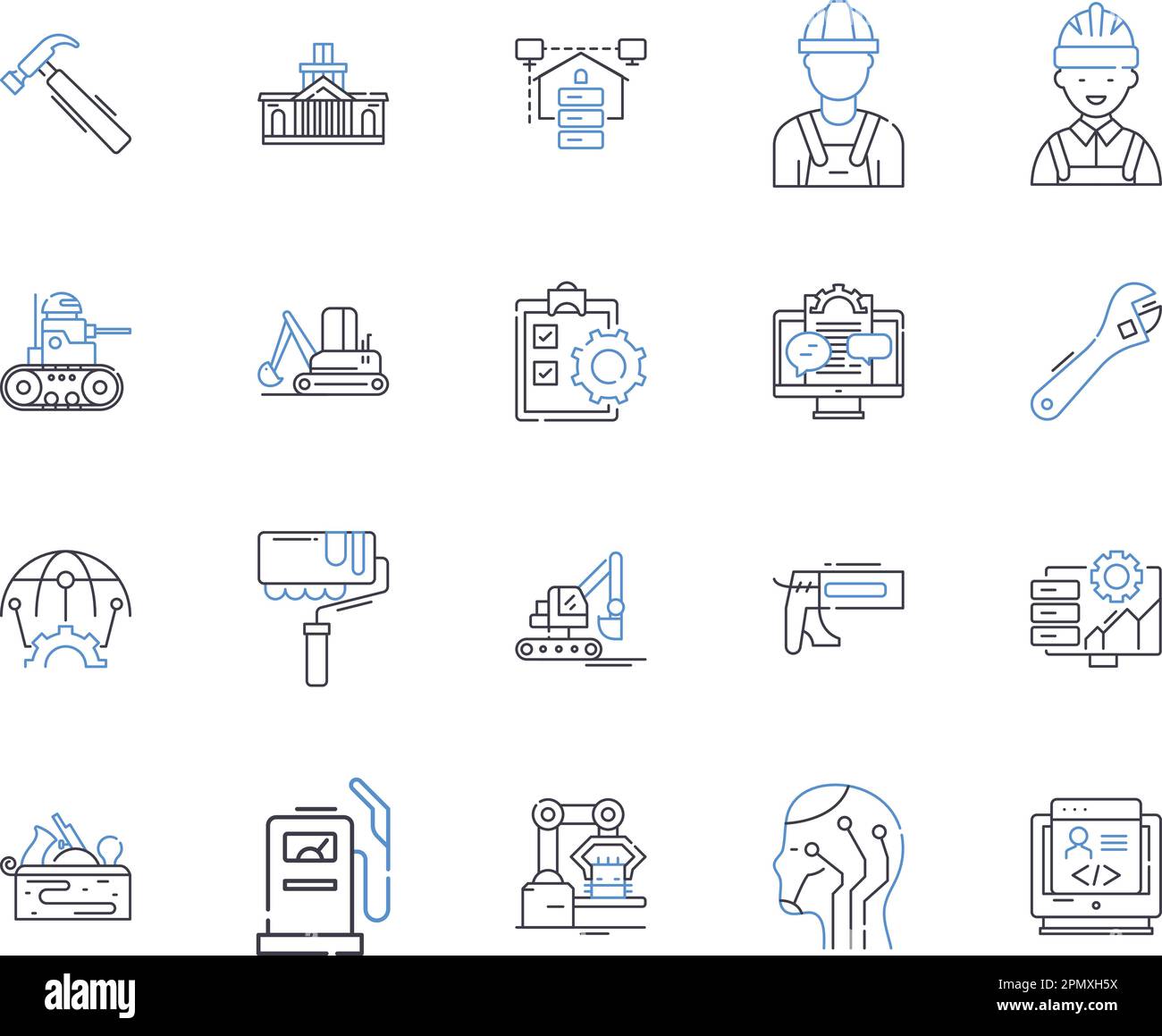 Builder production outline icons collection. Constructor, Fabricator, Manufacturer, Assembler, Producer, Carpentry, Craftsman vector and illustration Stock Vector
