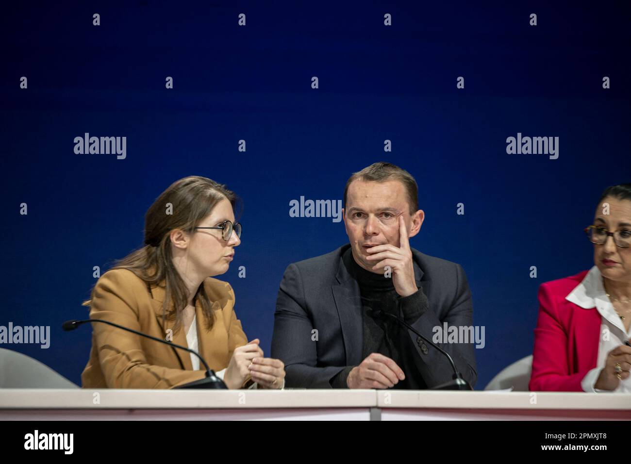 Aurore Berger and Olivier Dussopt during the national Council of the Renaissance Presidential