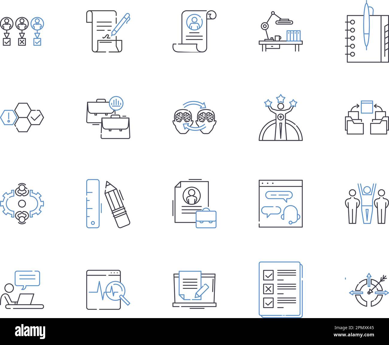 Office and managers outline icons collection. Office, Managers, Supplies, Employees, Documents, Organization, Technology vector and illustration Stock Vector