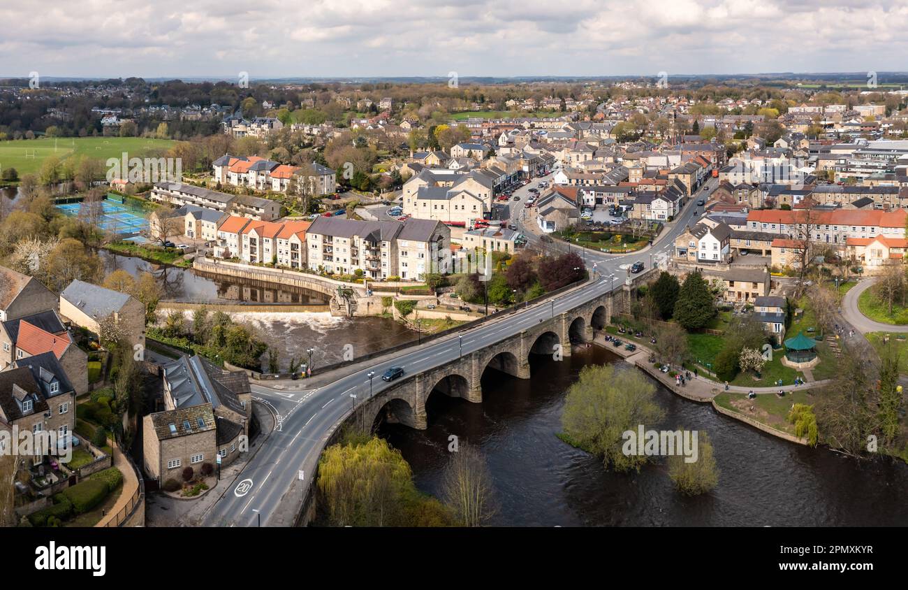 An aerial landscape of the West Yorkshire town of Wetherby with road