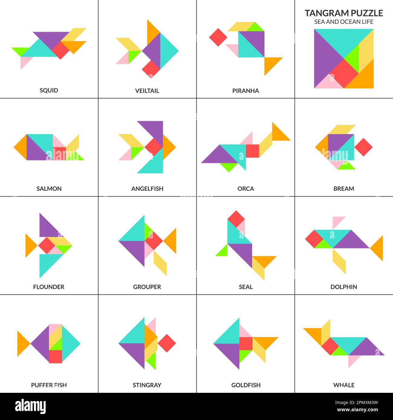 Tangram puzzle game. Vector set with various fish Stock Vector