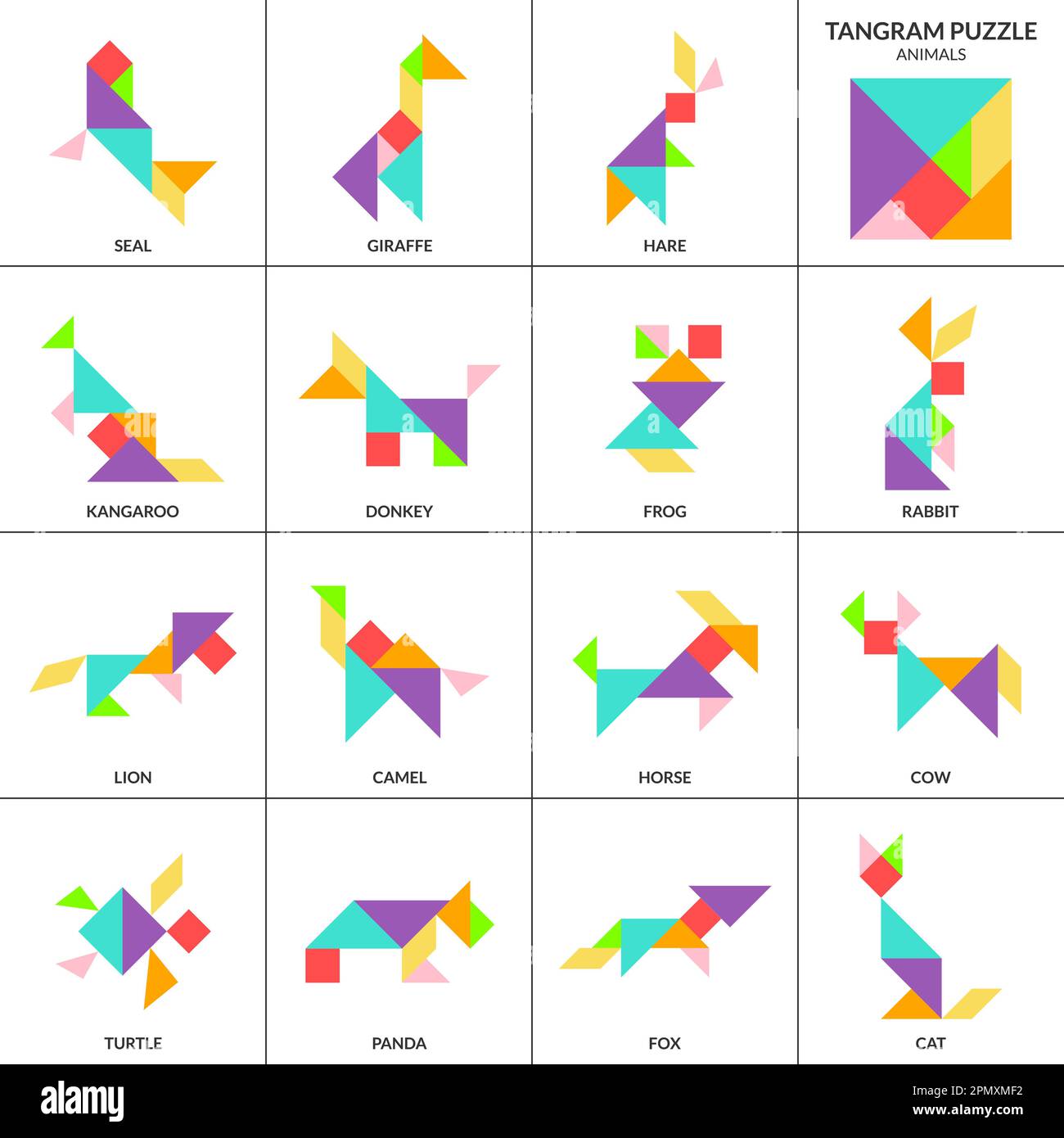Tangram puzzle game for kids. Vector colorful collection with