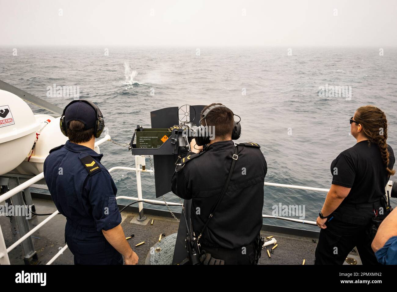 Crew members onboard HMCS Margaret Brooke training at firing a 0.50
