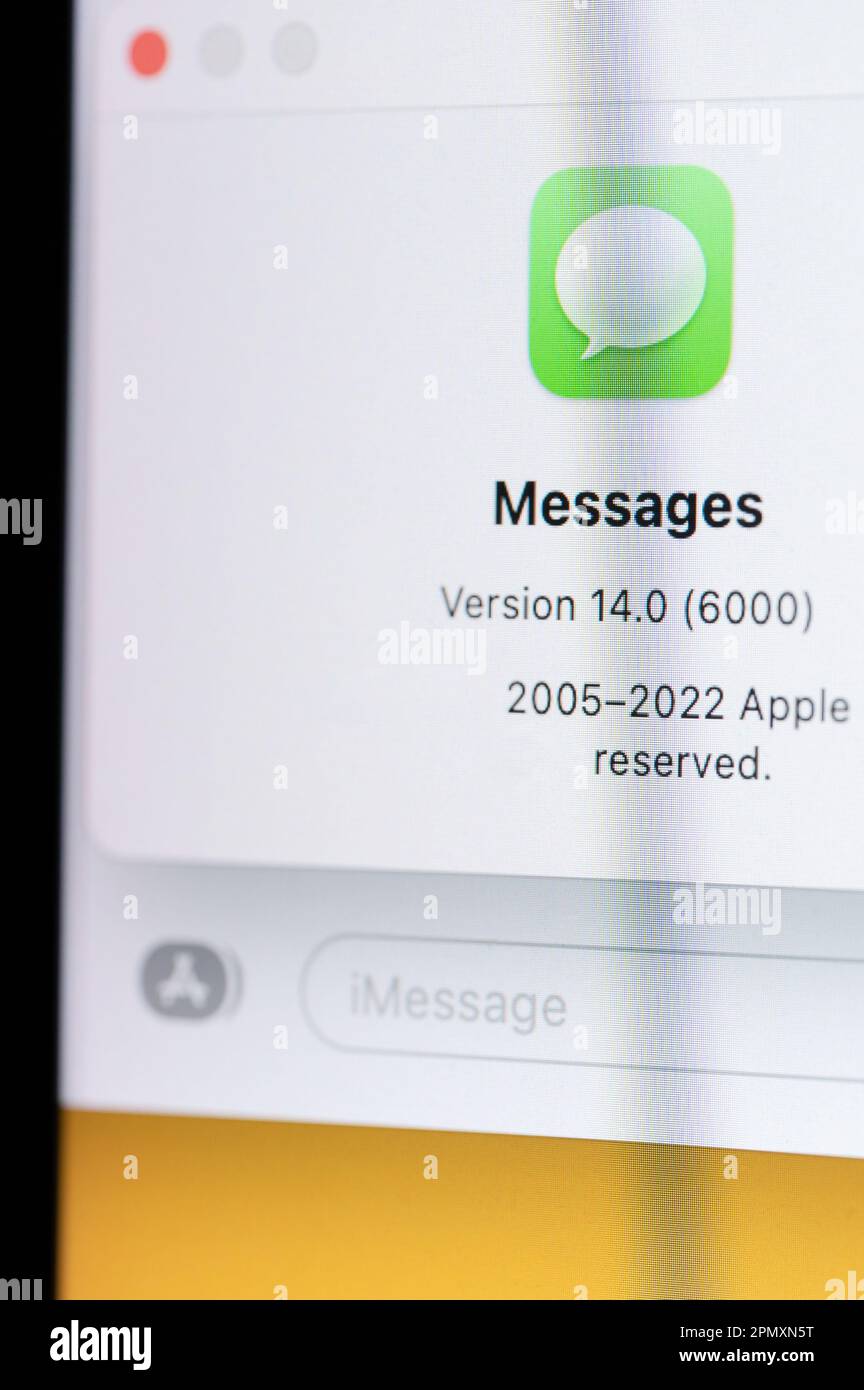 New york, USA - April 12, 2023: Check version of Imessage on computer screen close up view Stock Photo