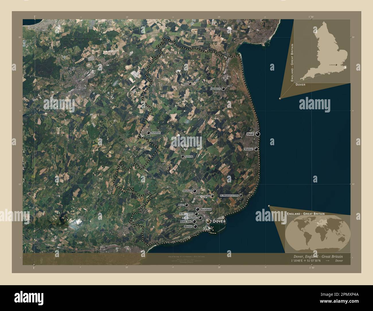 Dover, non metropolitan district of England - Great Britain. High resolution satellite map. Locations and names of major cities of the region. Corner Stock Photo