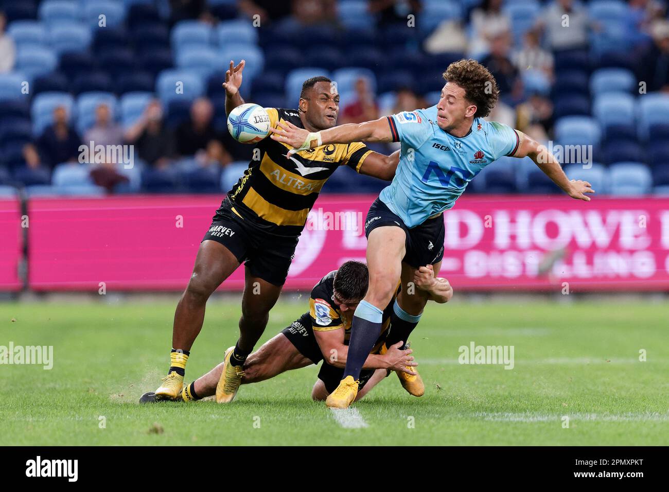 Mark Nawaqanitawase of the Waratahs is tackled during the Super Rugby Pacific match between the Waratahs and Western Force at Allianz Stadium on April 15, 2023 in Sydney, Australia Credit IOIO IMAGES/Alamy
