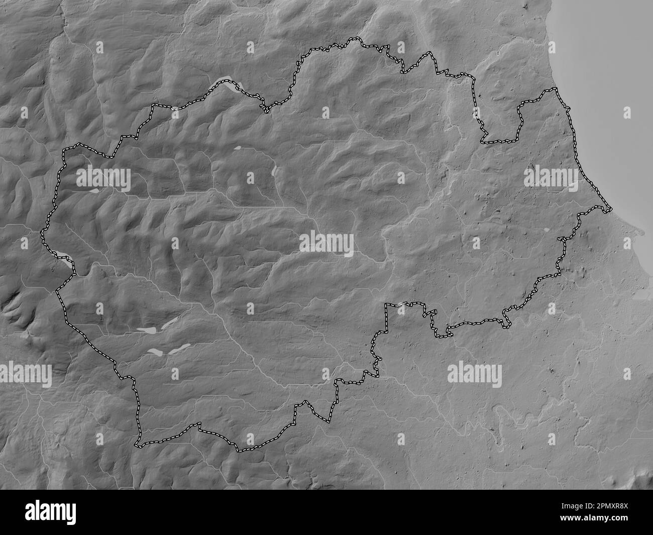 County Durham, administrative county of England - Great Britain. Grayscale elevation map with lakes and rivers Stock Photo