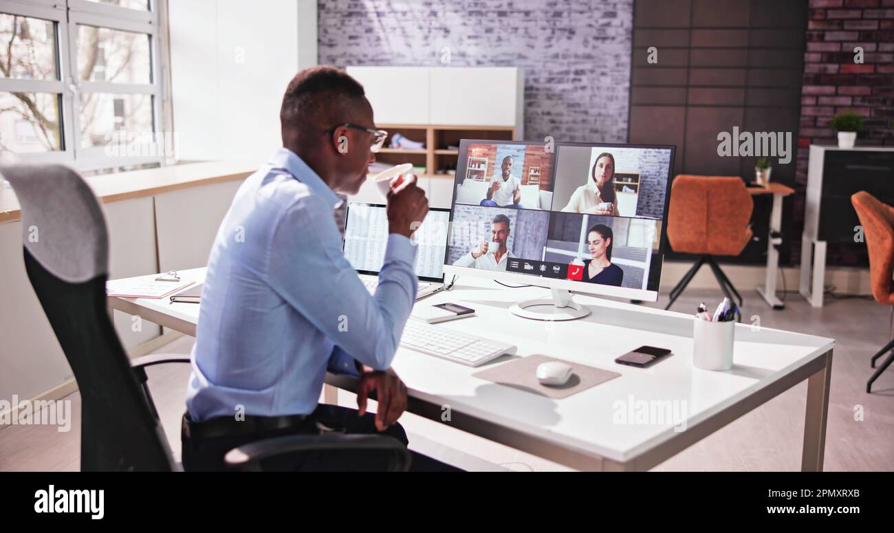 Virtual Video Conference Call Coffee Drinking Break Stock Photo