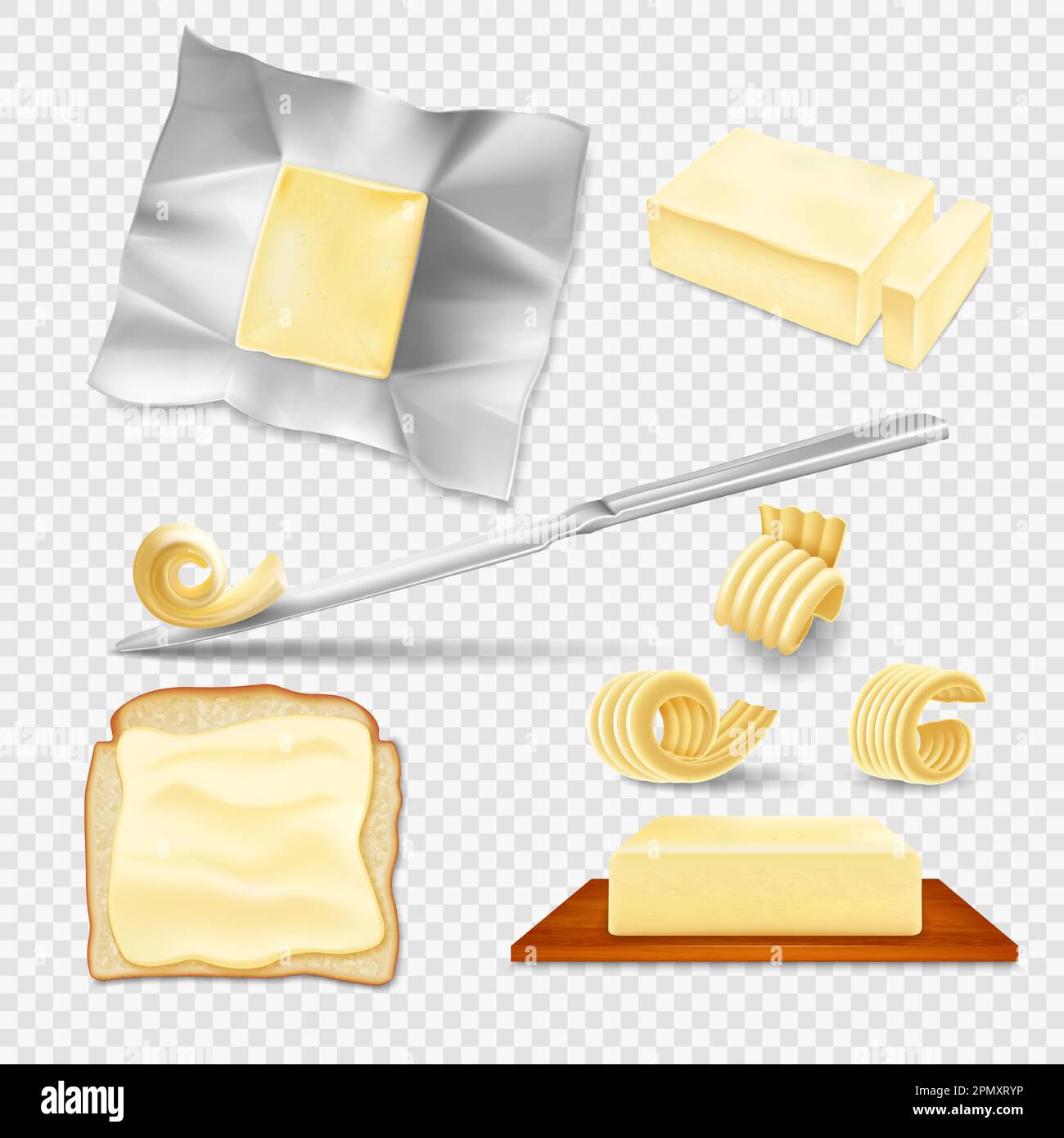 Realistic butter. Spread margarine on bread with knife. Fat food on