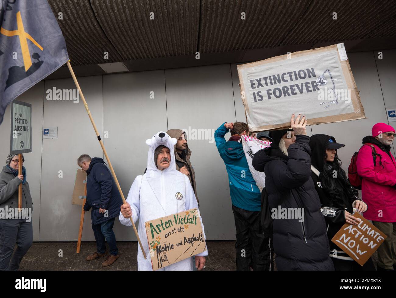 Berlin, Germany. 15th Apr, 2023. Extinction Rebellion protest Berlin 15 April 2023. Protesters, including members of Extinction Rebellion, marched from the Bayer AG Pharmaceuticals centre ( North East central Berlin) to the Federal Ministry of Food and Agriculture in central Berlin. Outside the Ministry a 'die in', of  protesters dressed as animals, took place and saw the arrival of the 'Red Rebel Brigade' from Extinction Rebellion. Berlin Germany. Credit: GaryRobertsphotography/Alamy Live News Stock Photo