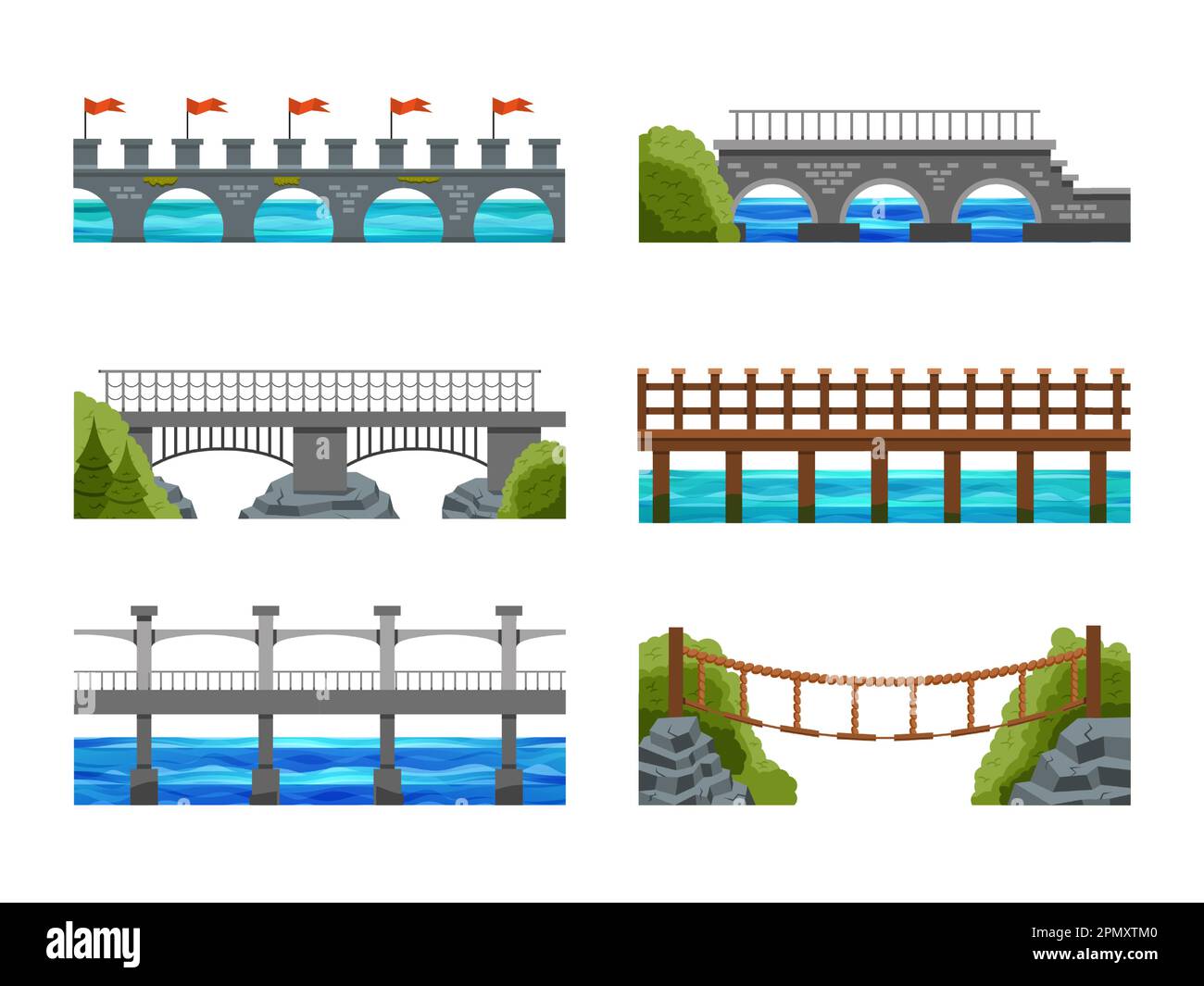 Bridges across river water. Isometric metal arch in city. Travel road landscape. Trees and building constructions. Stone and wood footbridges. Rock shores. Vector illustration scenery elements set Stock Vector