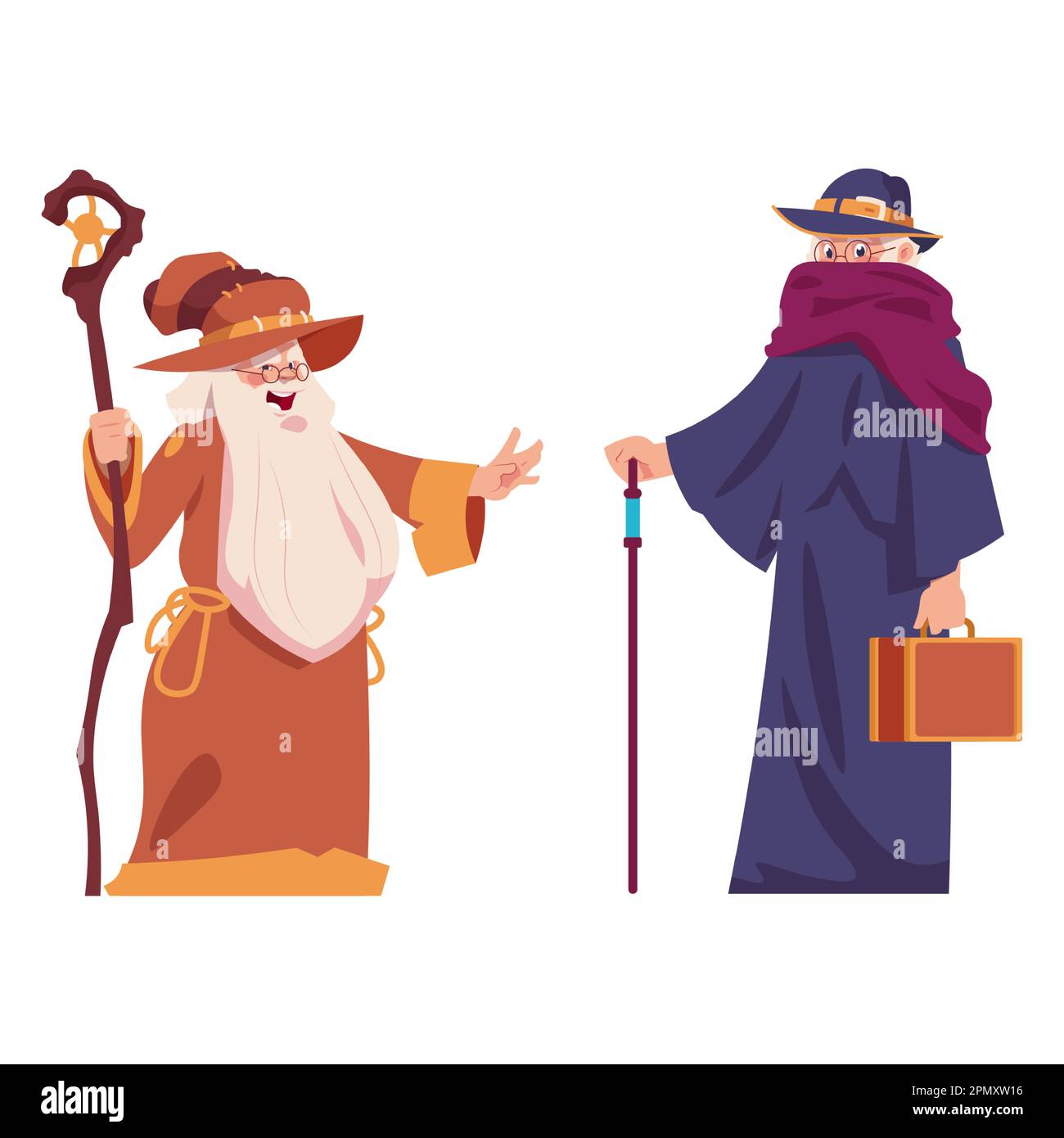 Cartoon wizards. Cute magical characters in robes with magic stick. Men with silver beard and hat. Funny mystery persons isolated on white. Sorcerer and alchemist. Fairytale witchcraft vector mascots Stock Vector