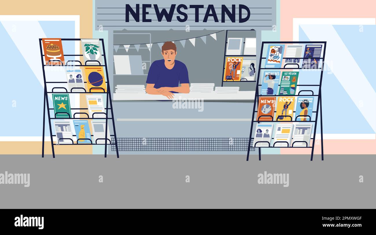 Small business. Newspapers and magazines trading. Salesman at street