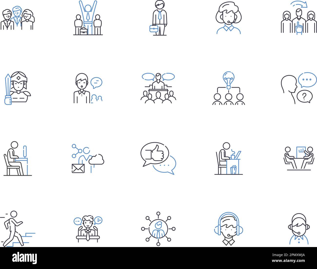 Empoyee outline icons collection. Employee, Staff, Worker, Personel, Team, Member, Associate vector and illustration concept set. Colleague, Personnel Stock Vector