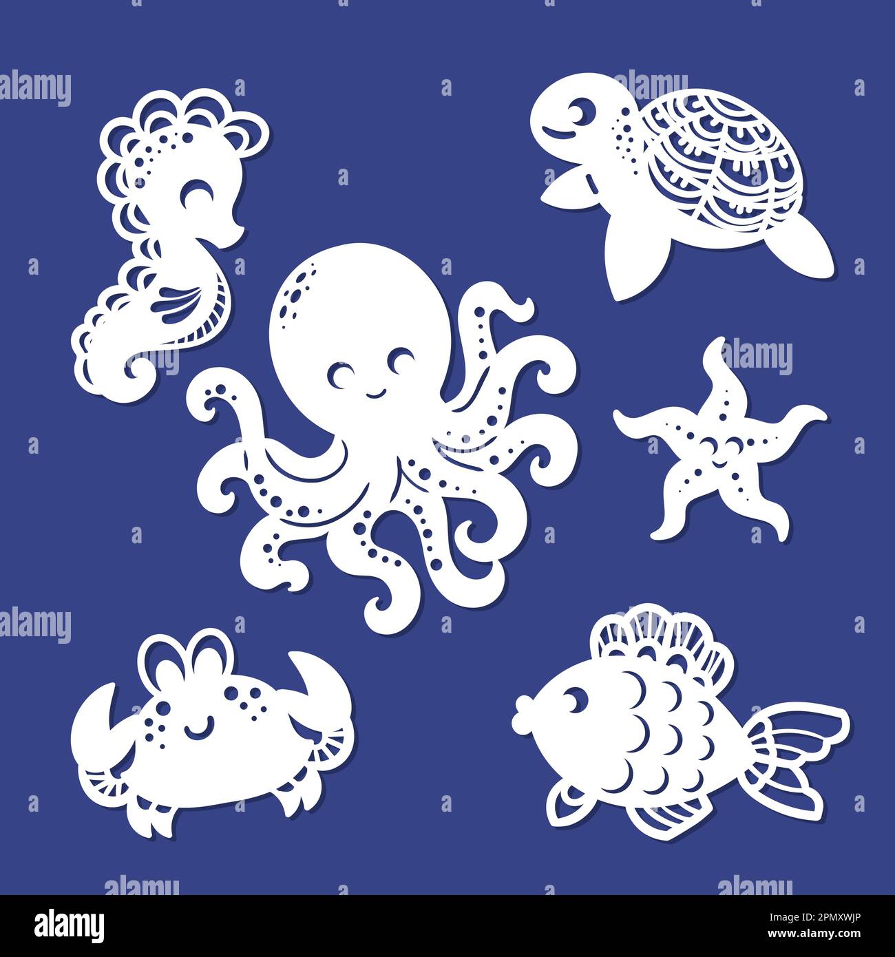Sea inhabitants, octopus, fish, krvb, seahorse, starfish. A set of templates for laser cutting of paper, cardboard, wood, metal. For the design of car Stock Vector