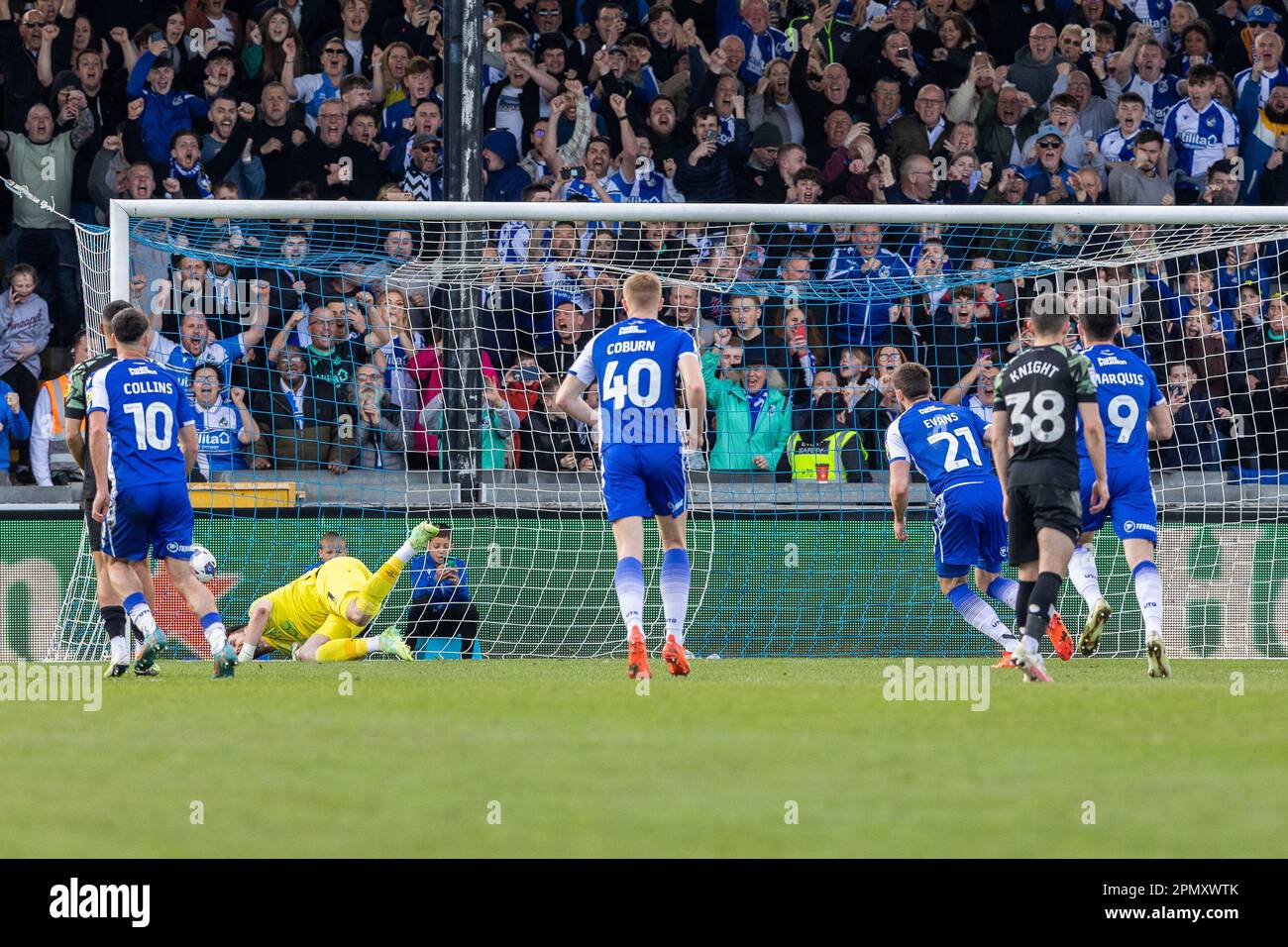 Antony Evans #21 of Bristol Rovers scores injury time penalty to equalise during the Sky Bet League 1 match Bristol Rovers vs Derby County at Memorial Stadium, Bristol, United Kingdom, 15th April 2023  (Photo by Craig Anthony/News Images) Stock Photo