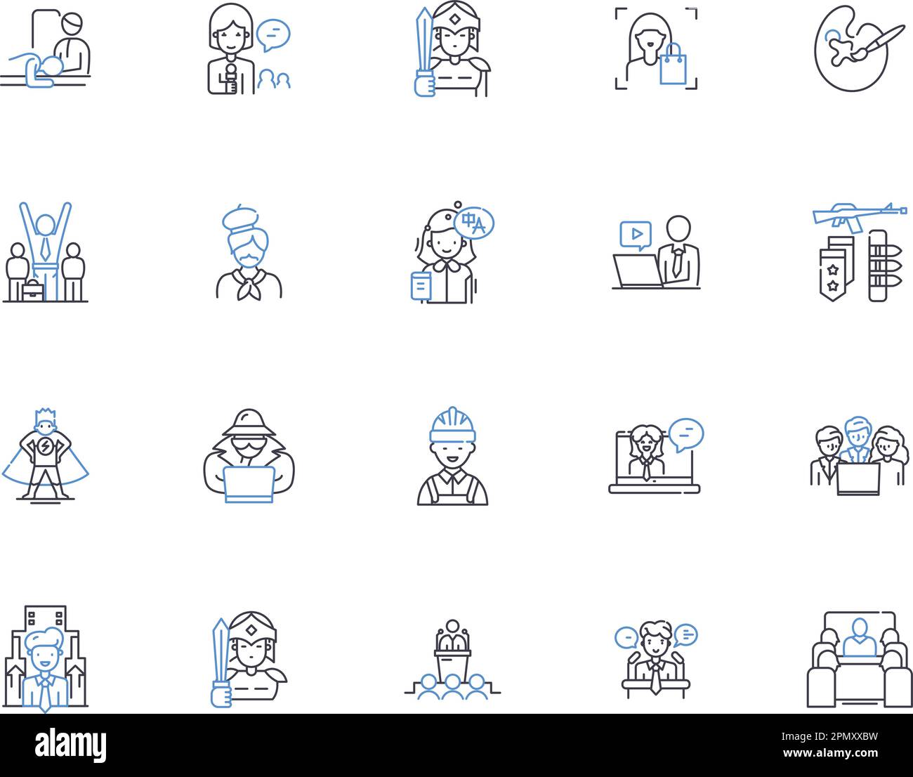 Professions outline icons collection. Doctor, Lawyer, Teacher, Engineer
