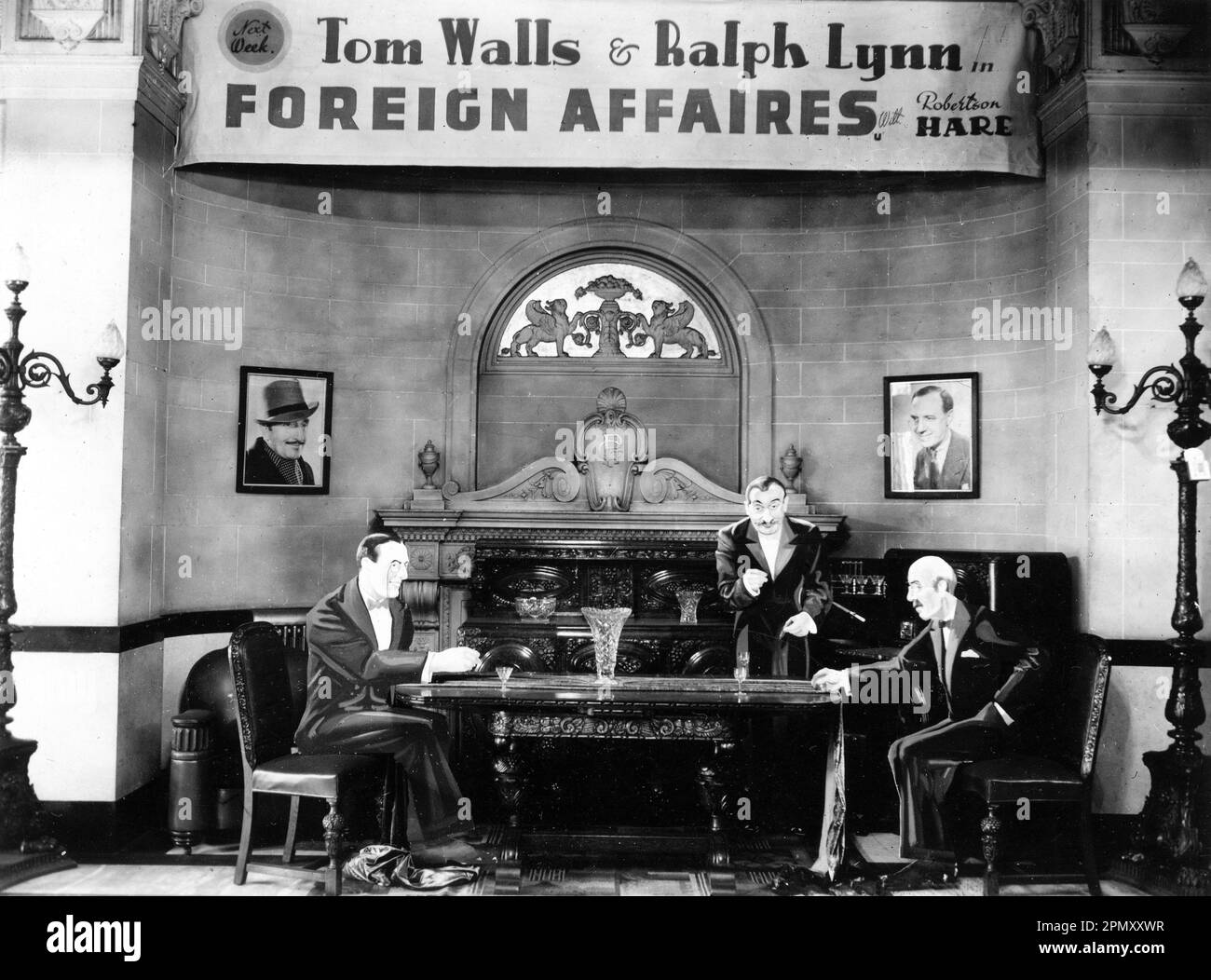 Cinema Lobby Display for The Regent, Barker's Pool, Sheffield, Yorkshire, England for TOM WALLS RALPH LYNN and ROBERTSON HARE in FOREIGN AFFAIRES 1935 director TOM WALLS writer Ben Travers Gainsborough Pictures / Gaumont British Distributors Stock Photo