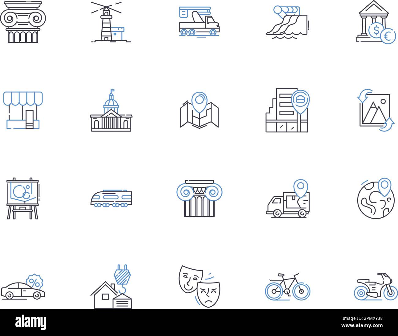 City outline icons collection. Town, Metropolis, Urban, Municipality, Settlement, Population, Isolated vector and illustration concept set. Community Stock Vector