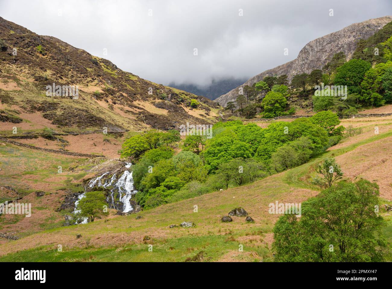 Waterfalls by the Watkin Path in Cwm Llan, Gwynedd, Snowdonia, North Wales. Stock Photo