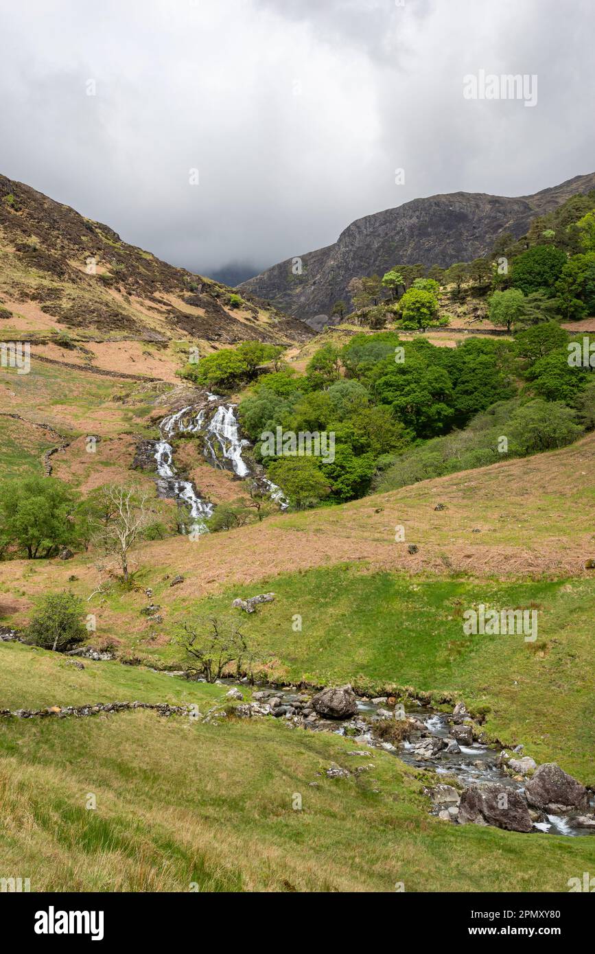 Waterfalls by the Watkin Path in Cwm Llan, Gwynedd, Snowdonia, North Wales. Stock Photo