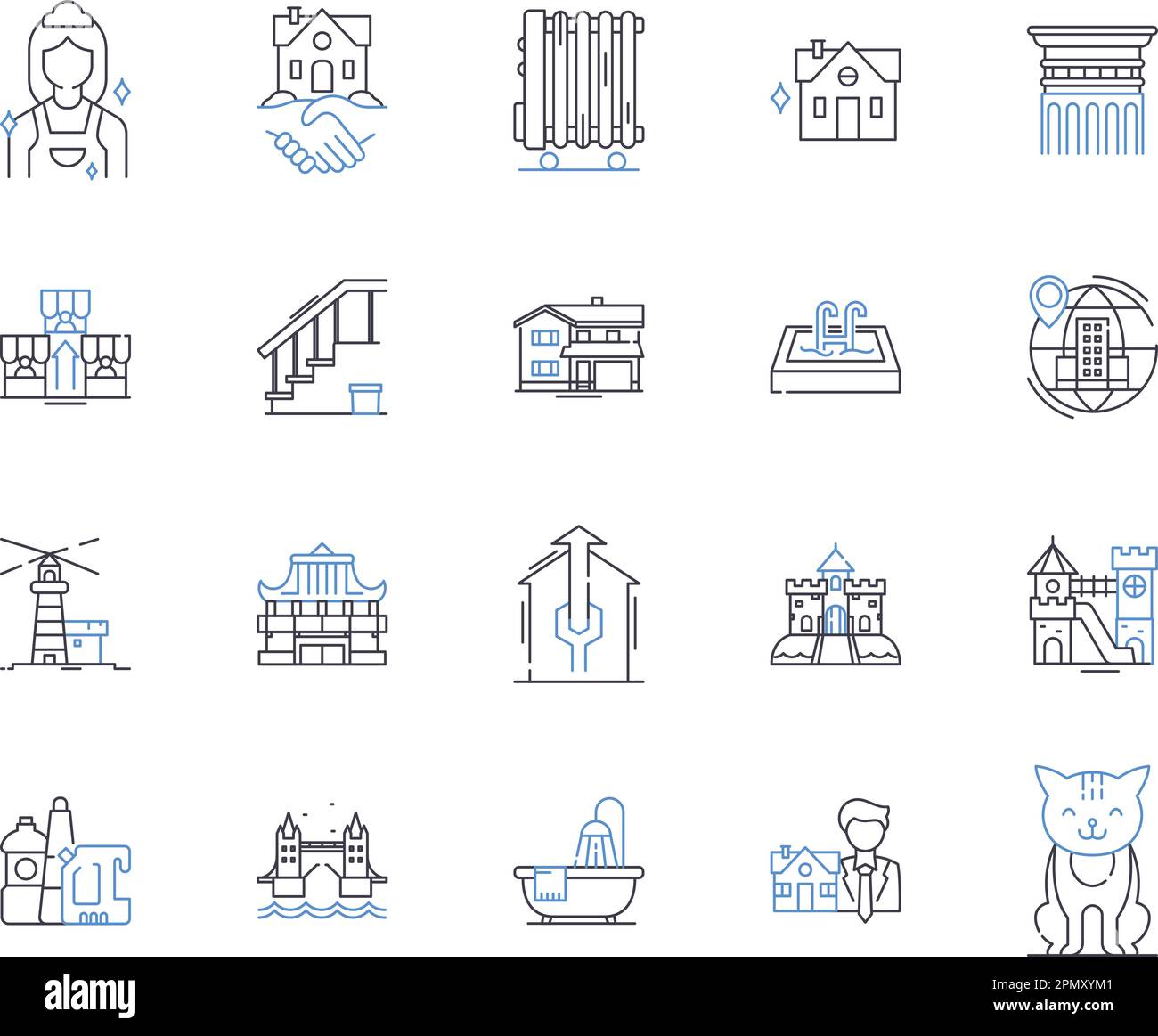 Houses and accomodation outline icons collection. Home, Accommodation, Residence, Abode, Lodging, Domicile, Dwelling vector and illustration concept Stock Vector
