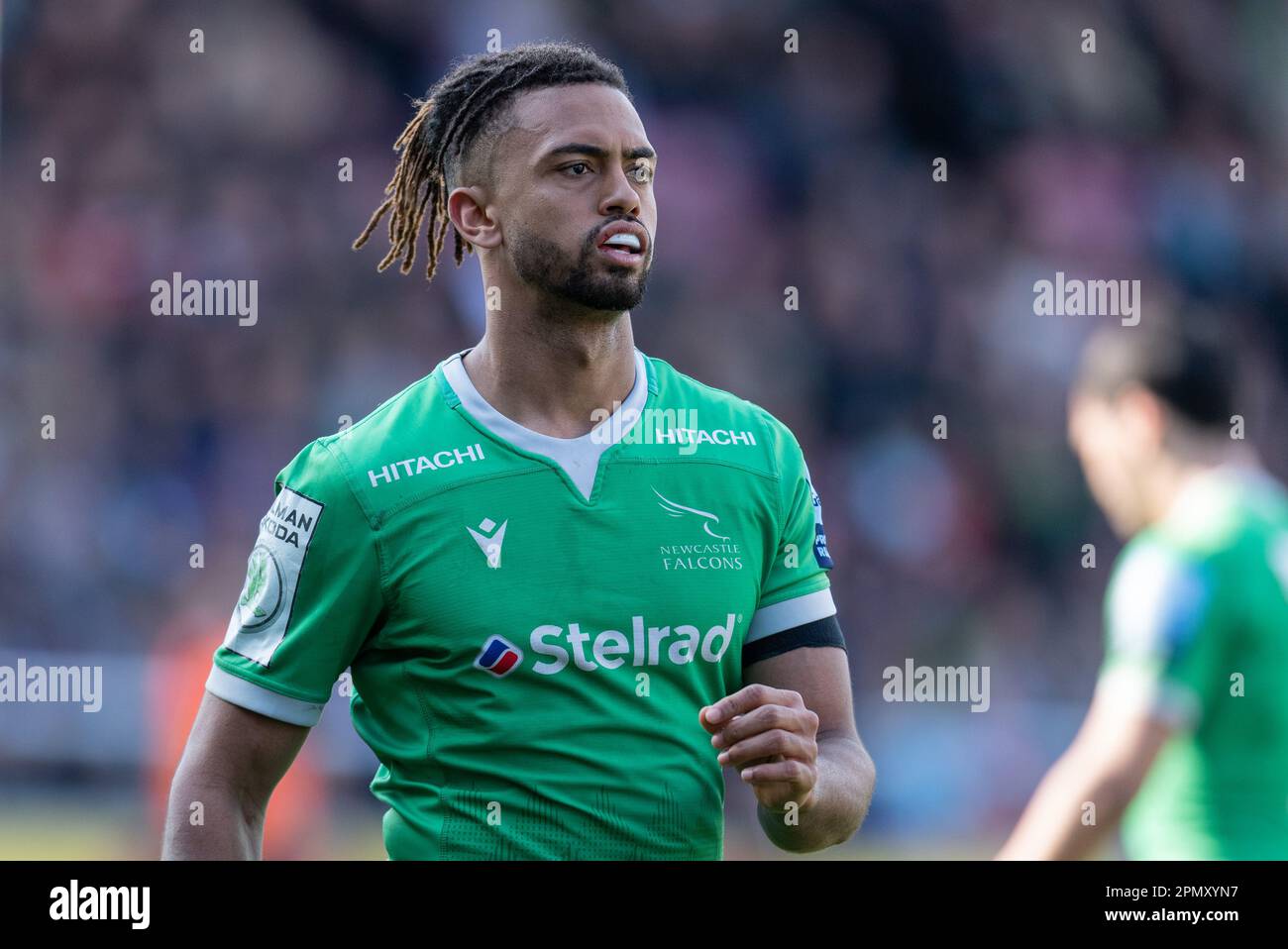 Elliot Obatoyinbo of Newcastle Falcons during the Gallagher Premiership  Rugby match between Harlequins and Newcastle Falcons Rugby at Twickenham  Stoop, Twickenham, England on 15 April 2023. Photo by Grant Winter.  Editorial use