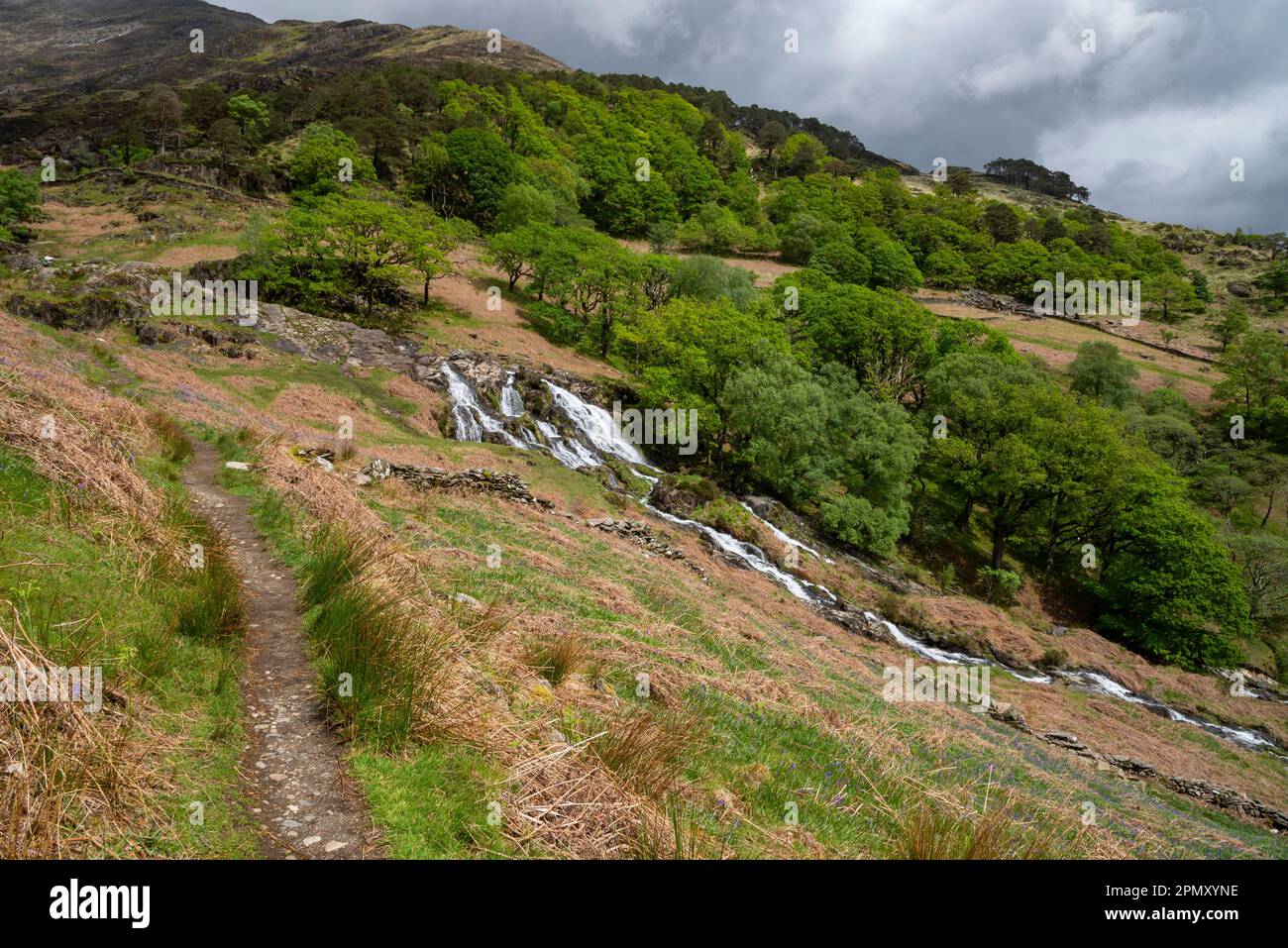 Waterfalls by the Watkin Path in Cwm Llan, Gwynedd, Snowdonia, North Wales. Stock Photo