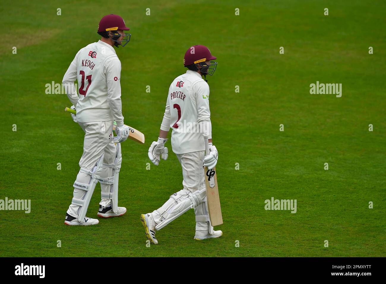 NORTHAMPTON, ENGLAND - April 15 2023 : Luke Procter and Rob Keogh bats ...