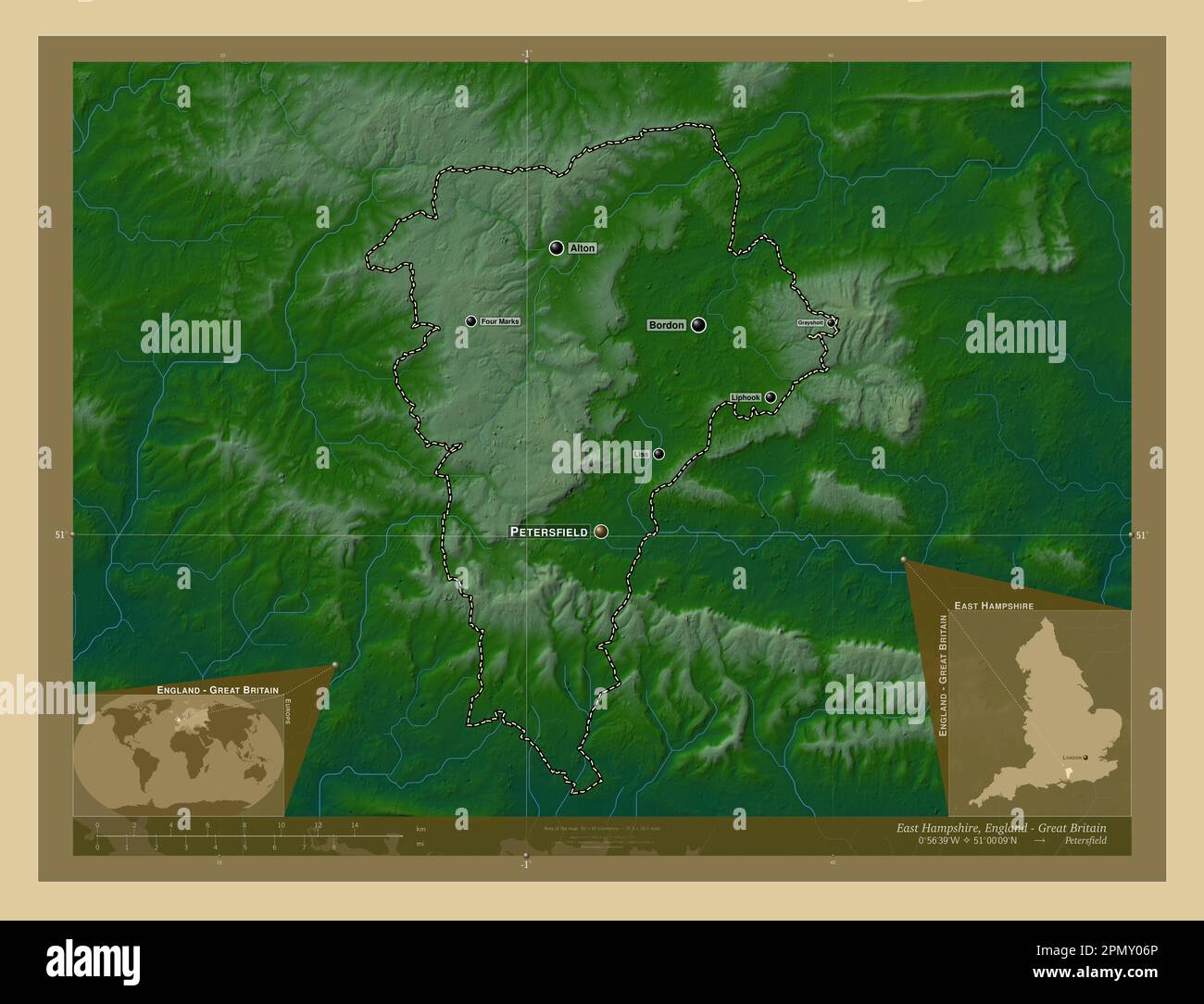 East Hampshire, non metropolitan district of England Great Britain. Colored elevation map with