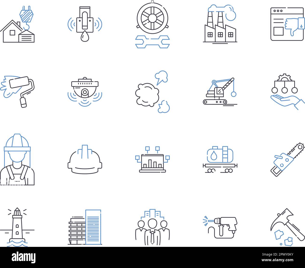 Builder production outline icons collection. Constructor, Fabricator, Manufacturer, Assembler, Producer, Carpentry, Craftsman vector and illustration Stock Vector
