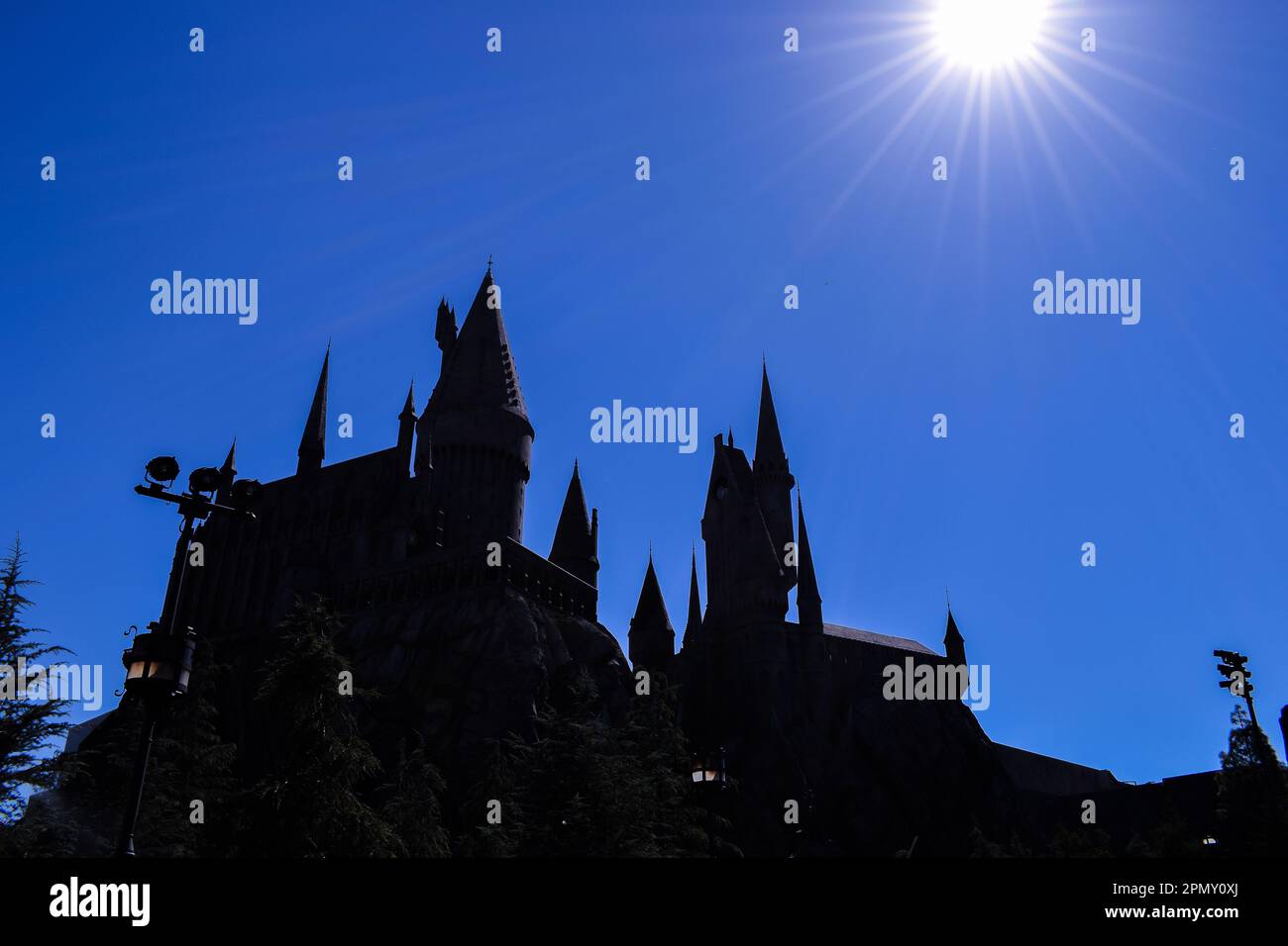Silhouette of the Hogwarts Castle in the Universal Studios Theme Park, The Wizarding World Of Harry Potter Section. Hollywood, California, USA Stock Photo