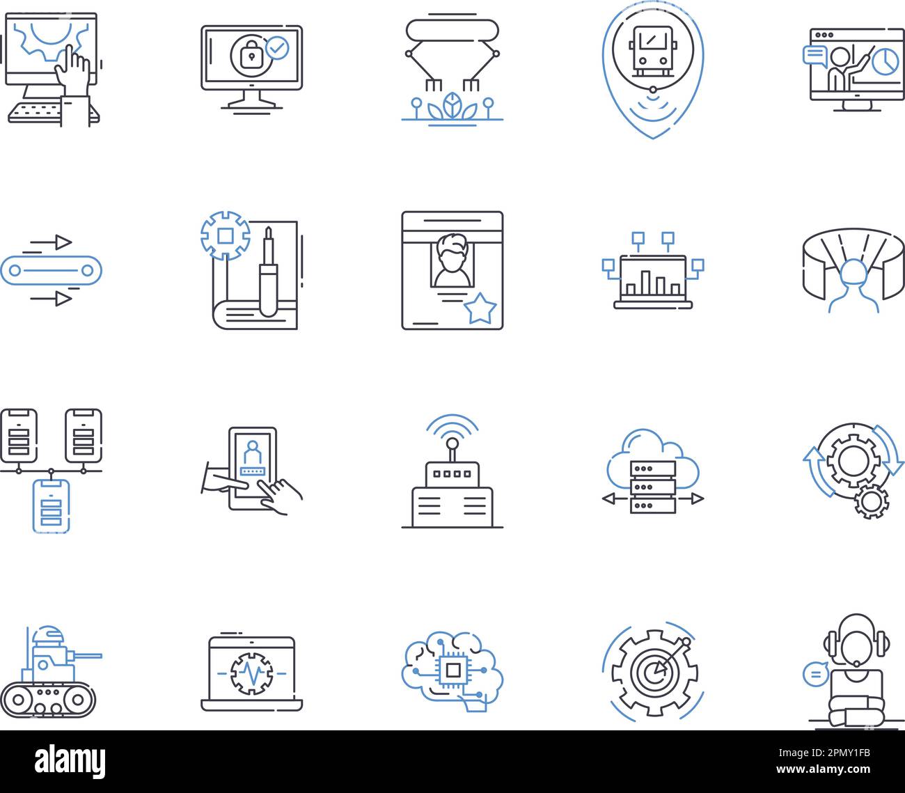 Smart office technology outline icons collection. Smart, Office, Technology, Automation, Computing, Networking, AI vector and illustration concept set Stock Vector