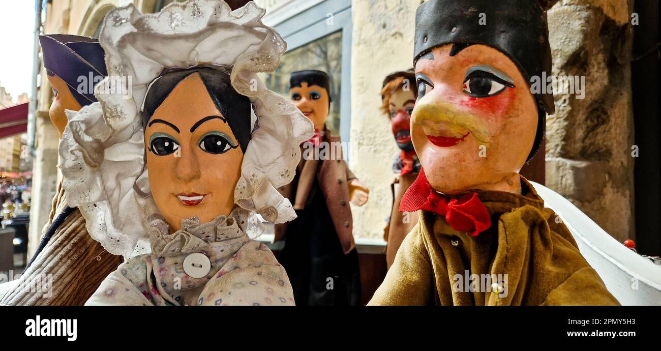 Madelon and Guignol, Guignol theater puppets, SaintJean district, Lyon, France Stock Photo Alamy