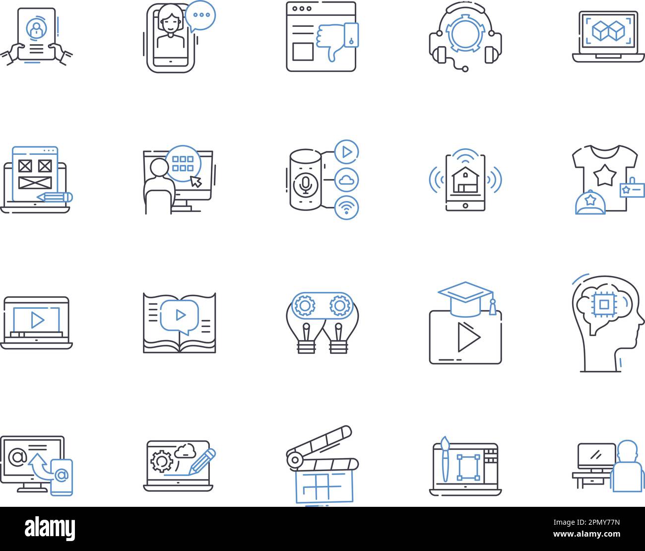 Media technologies outline icons collection. Multimedia, Broadcasting, Streaming, Video, Audio, Graphics, Webcast vector and illustration concept set Stock Vector